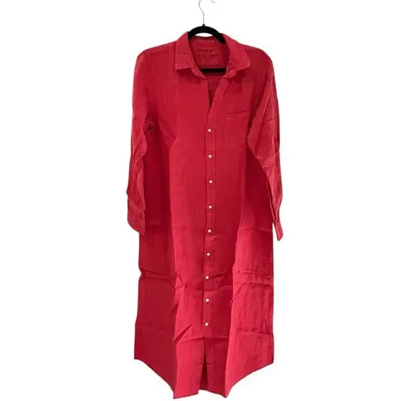 Frank & Eileen Rory Maxi Shirtdress Washed Italian Linen Summer Red Size Large - Picture 2 of 14